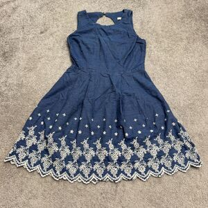 Oasis Chambray Embroidered Scallop Hem Cutout Fit Flare Dress Womens 8 UK12 Blue